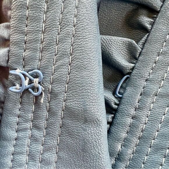 Hot In Hollywood Slate Faux Leather Ruffle Cottagecore Academia Jacket Blazer L - Picture 13 of 16